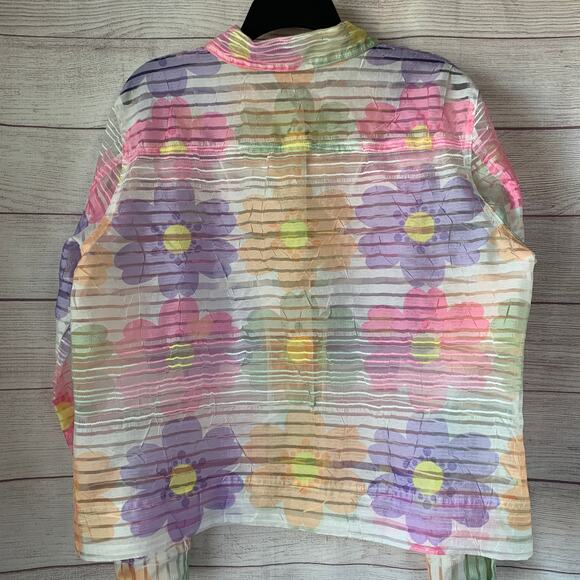 Erin London Pastel Floral Sheer Textured Button Down Jacket Spring Shirt Size L - Picture 16 of 16
